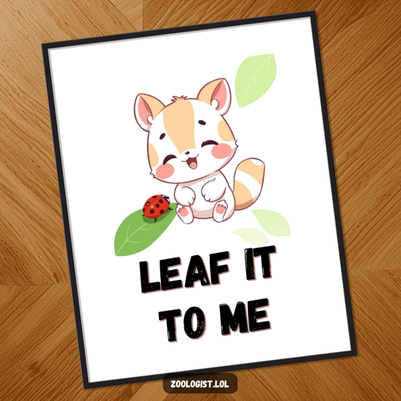 Funny digital art print of a cute animal character gleefully examining a ladybug on a leaf, capturing a moment of innocent wonder and joy.