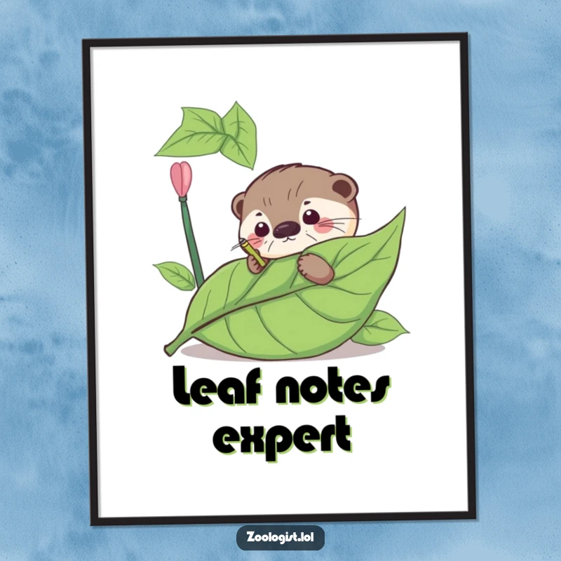 Funny digital art print of a curious otter meticulously annotating a giant leaf, a witty decoration.