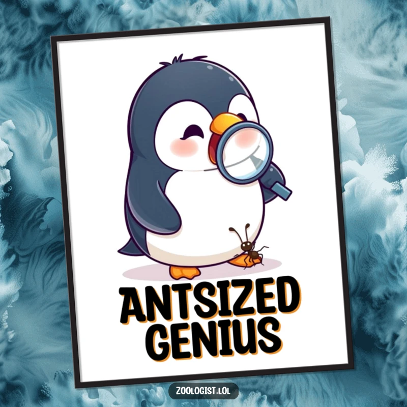 Funny digital art print of an excited penguin examining a tiny ant with a magnifying glass, a whimsical decoration.