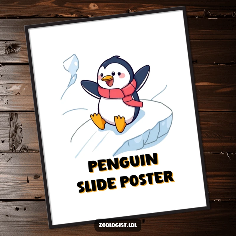 Funny cheerful penguin zoologist sliding down an icy slope, as a digital art print for humorous and inspiring decor.