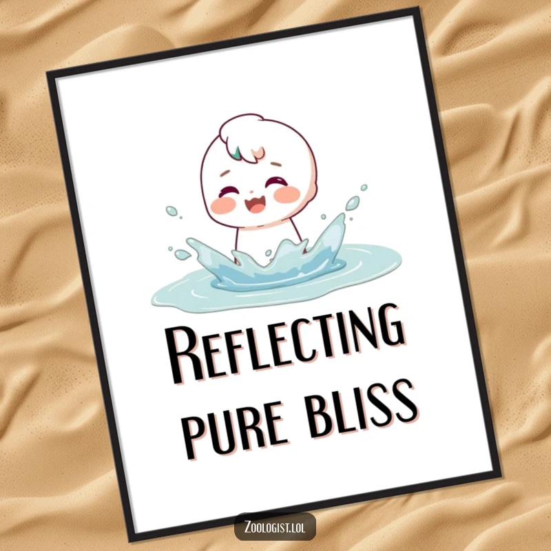 Funny digital art print of a character joyfully splashing in a puddle, their satisfied smile conveying absolute glee and contentment.