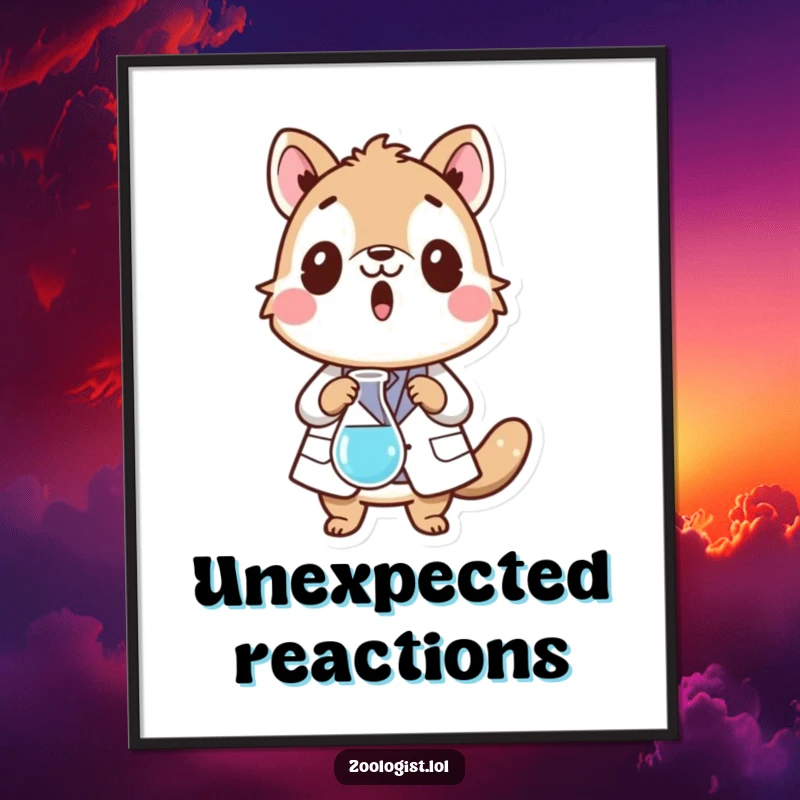 Funny digital art print of a surprised animal character in a lab coat dropping a beaker, offering instant scientific mishap humor.