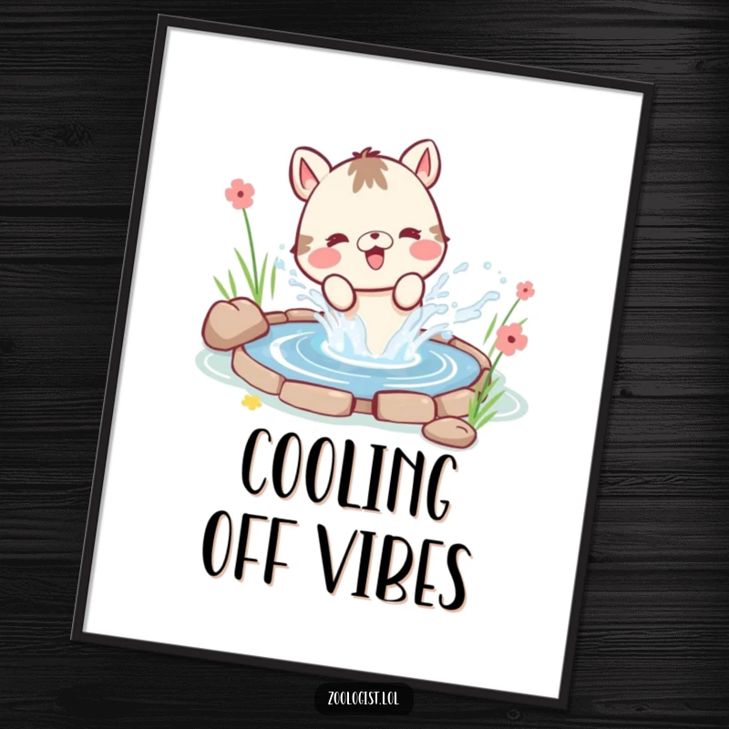 Funny digital art print of a cute animal character joyfully splashing water from a small pond, with a look of pure delight.