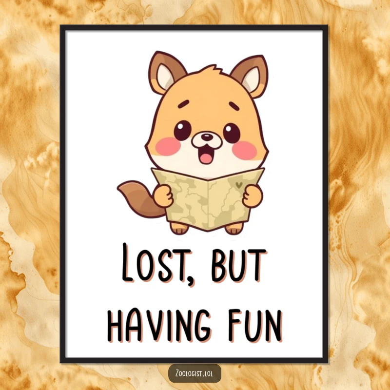 Funny digital art print of a cute animal character with a surprised expression looking at a map, perfect for humorous wall decor.