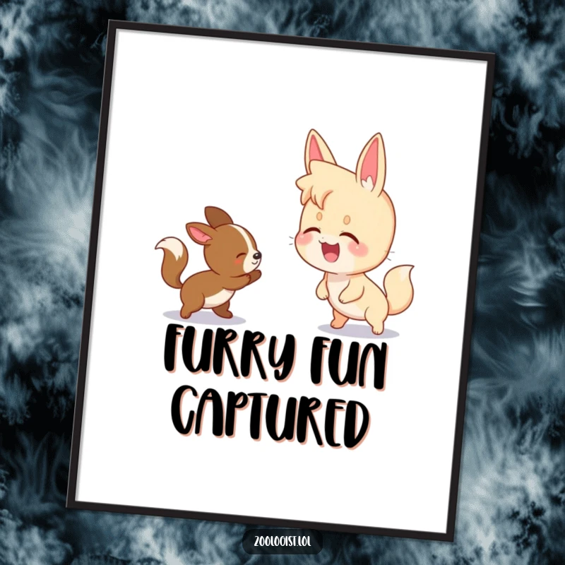 Funny digital art print of a character giggling while watching two animals playfully chase each other, perfect for framing.