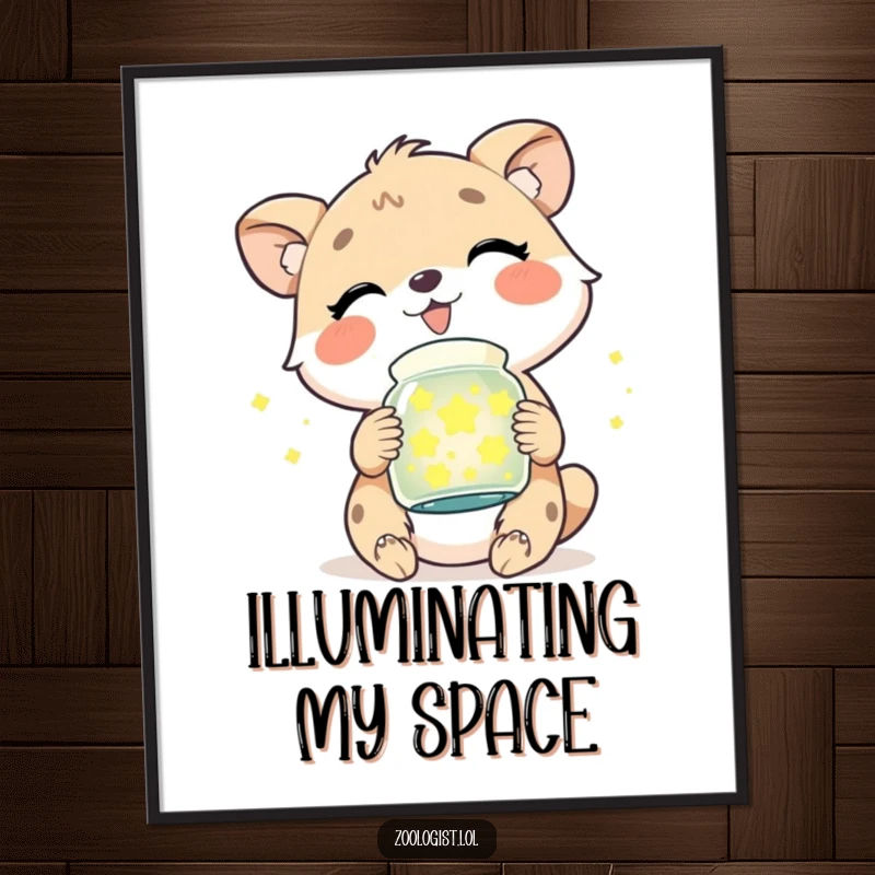 Funny digital art print of a cute animal character giggling with pure delight, holding a jar overflowing with luminous fireflies.