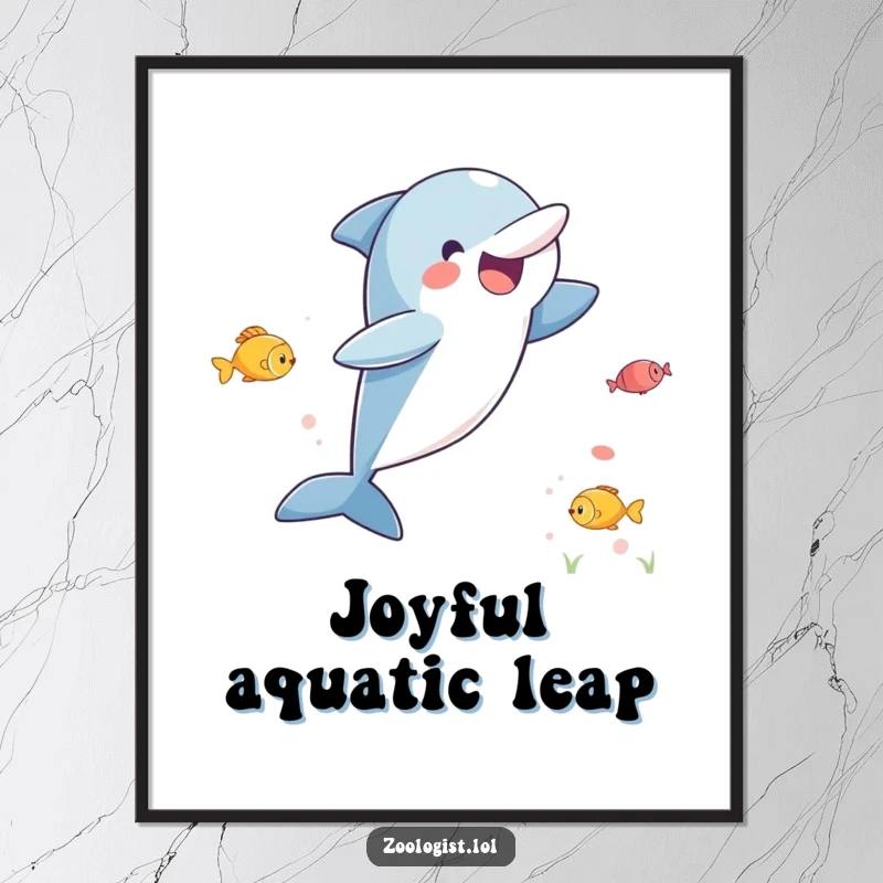 Funny digital art print of an ecstatic dolphin leaping high, excitedly observing fish, capturing a moment of pure aquatic bliss.