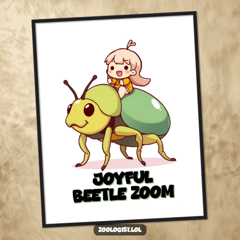 Funny Beetle Rider Digital Art Print: Character joyfully rides a massive, friendly beetle, capturing a moment of pure, whimsical adventure.