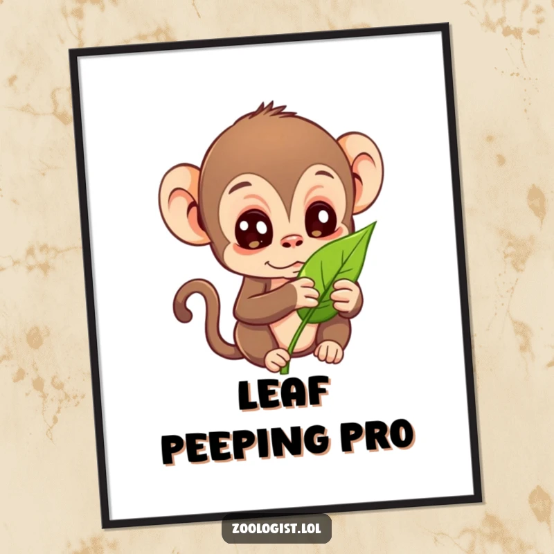 Funny digital art print of a curious monkey character examining a leaf with wide eyes, humorous art.