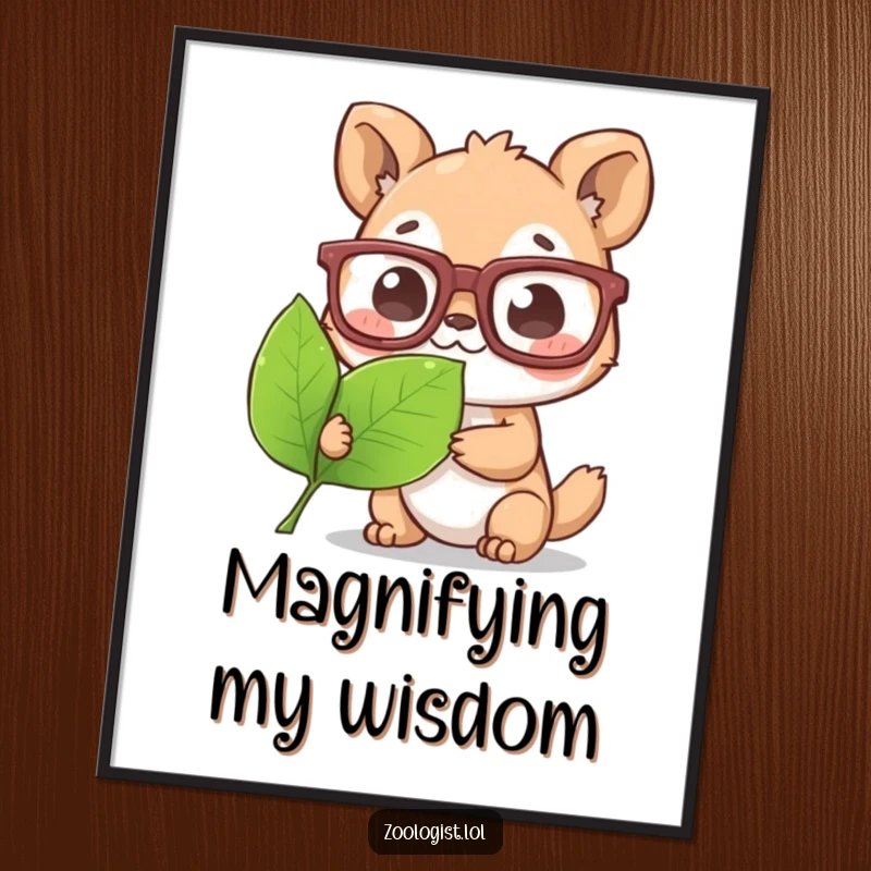 Funny Digital Art Print: Cute animal character wearing large glasses, engrossed in examining a leaf, offering humorous decor.