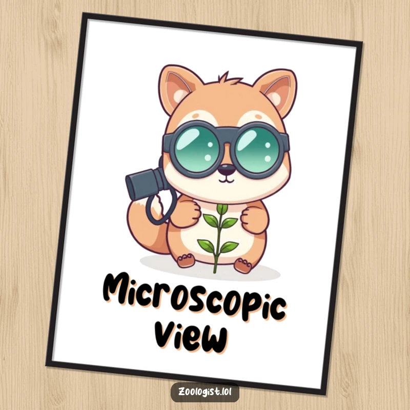 Funny cute animal zoologist with oversized binoculars looking at a tiny plant, printable digital art, nature humor, perfect funny gift.