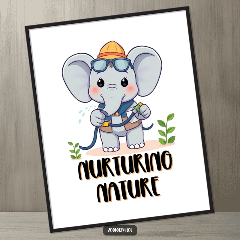 Funny Kawaii Elephant Zoologist Digital Art Print: A cheerful elephant zoologist happily waters a plant, bringing instant botanical humor and joy.