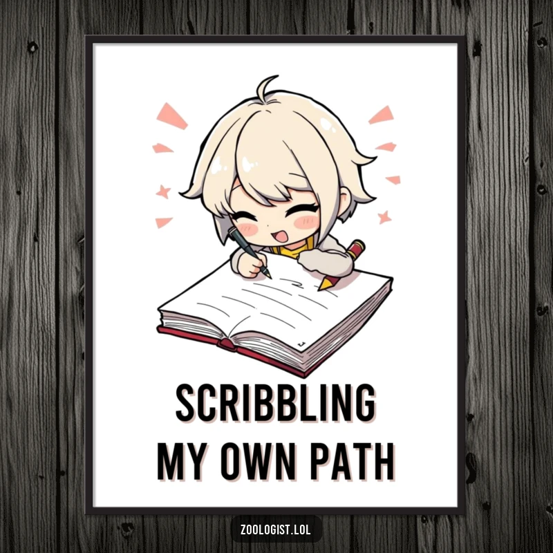 Funny digital art print of a character scribbling furiously in a large notebook, adding humor to any workspace. A great gift.