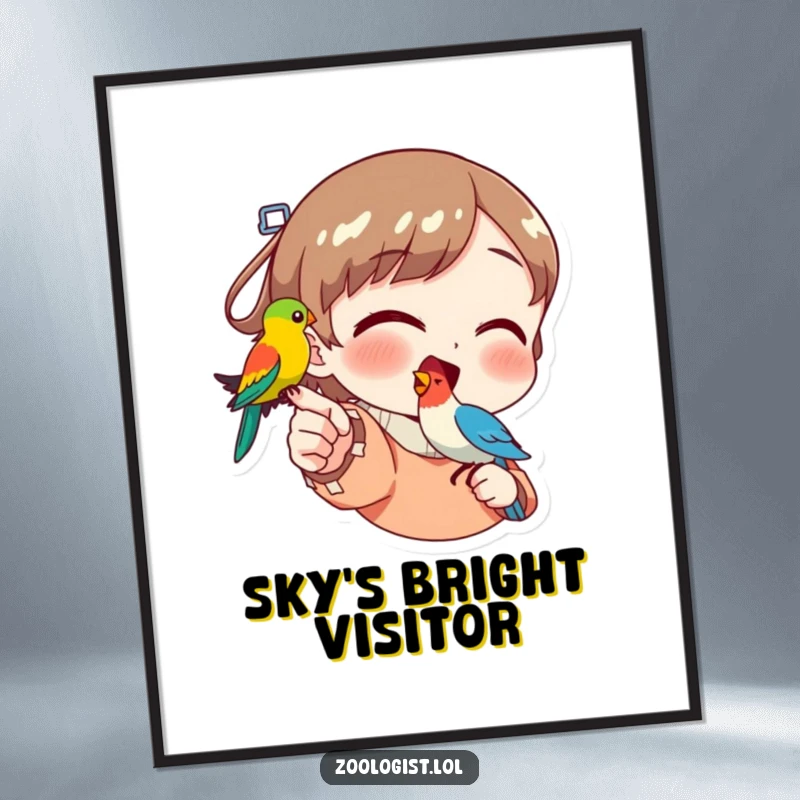 Funny digital art print of a character joyfully pointing at a stunning, colorful bird perched on their finger, full of excitement.