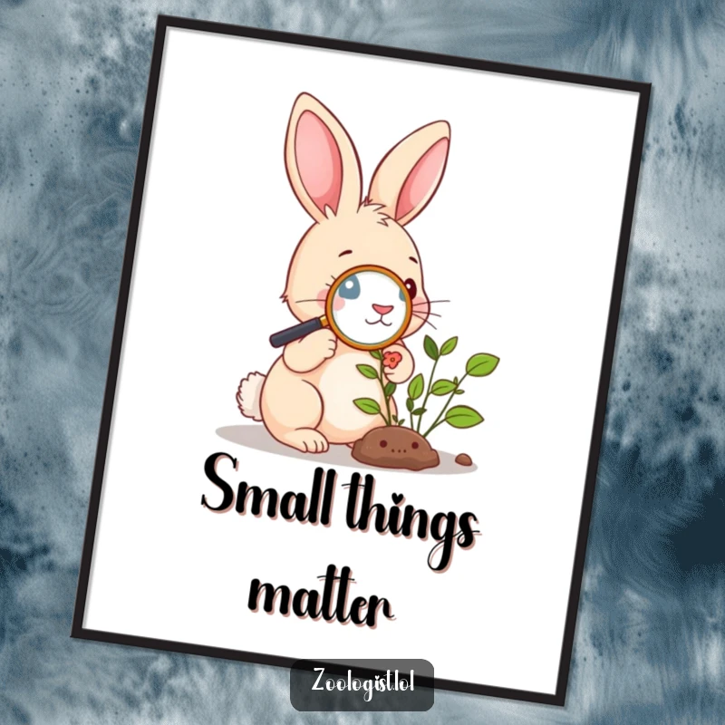 Funny Digital Art Print: Cute rabbit examining a plant with a magnifying glass, a charming and humorous printable for decor.
