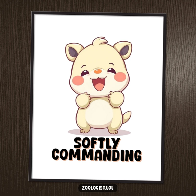 Funny digital art print of a character gently calming a playful, bouncing creature, radiating serenity and warmth.