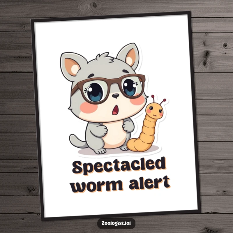 Funny digital art print of a startled animal character looking at a worm wearing miniature spectacles, capturing a moment of curious humor.