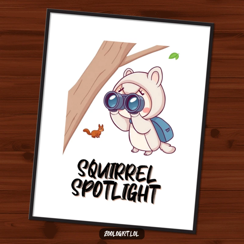 Funny squirrel spotting digital art print showing a cute character with binoculars, excitedly viewing a distant, playful squirrel, lively and amusing.
