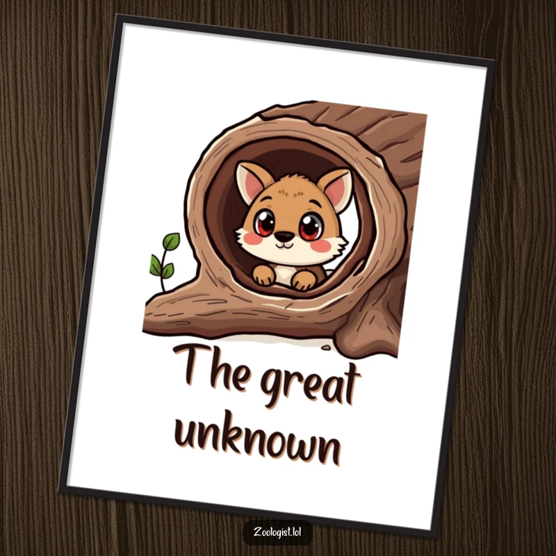 Funny digital art featuring a curious animal with wide eyes looking into a hollow log, capturing a humorous moment of discovery.