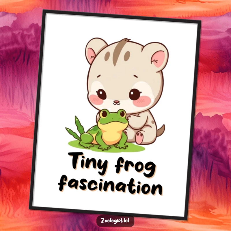 Funny Digital Art Print: A cute animal character carefully observing a tiny frog with gentle excitement, a humorous scene.