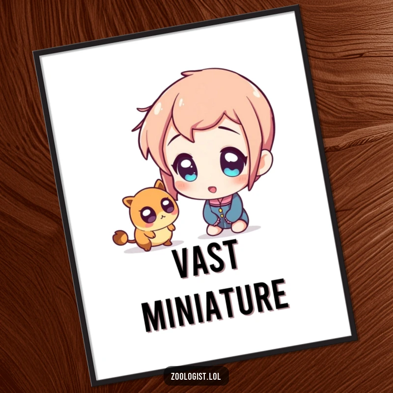 Funny digital art print of a character with comically wide, amazed eyes, focusing on a minuscule creature with pure astonishment.