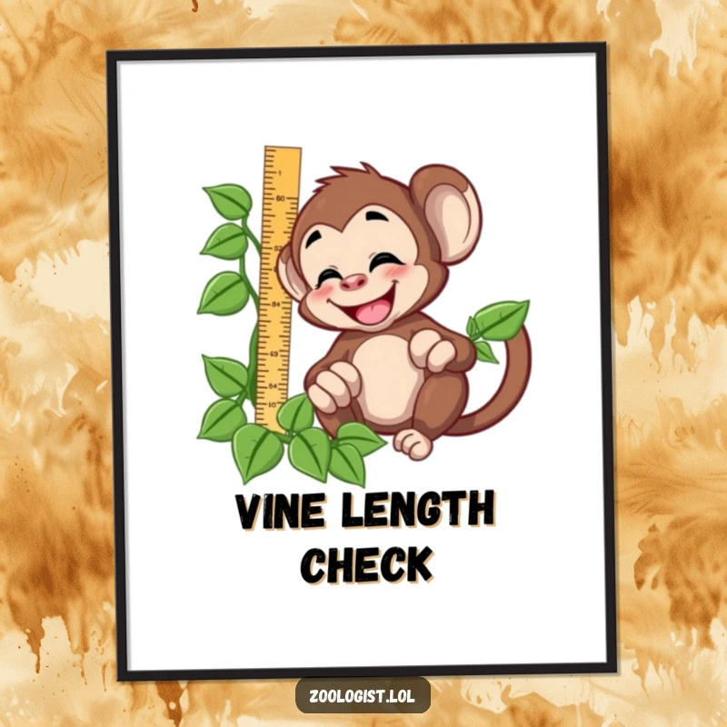 Funny giggling monkey character trying to measure a vine with a ruler, digital art print for humorous wall decor.