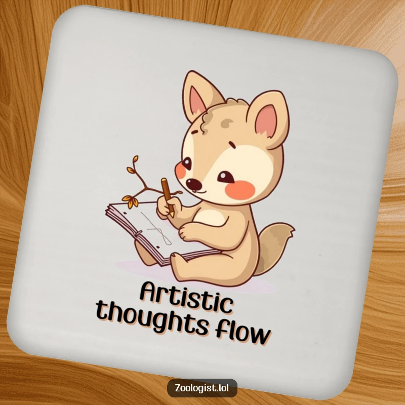 Funny drink coasters showing a curious animal character sketching in a notepad with a twig, adding a creative and humorous touch to table settings.