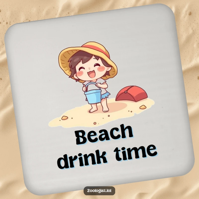 Funny beach character drink coaster with a joyful creature holding a bucket and spade, protecting tables with humor.