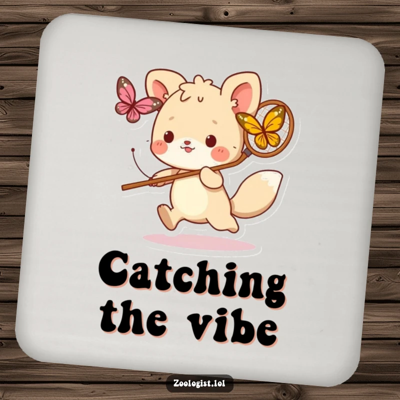 Funny drink coaster with a cute animal character playfully chasing a butterfly with a net, adding a touch of energetic humor to surfaces.