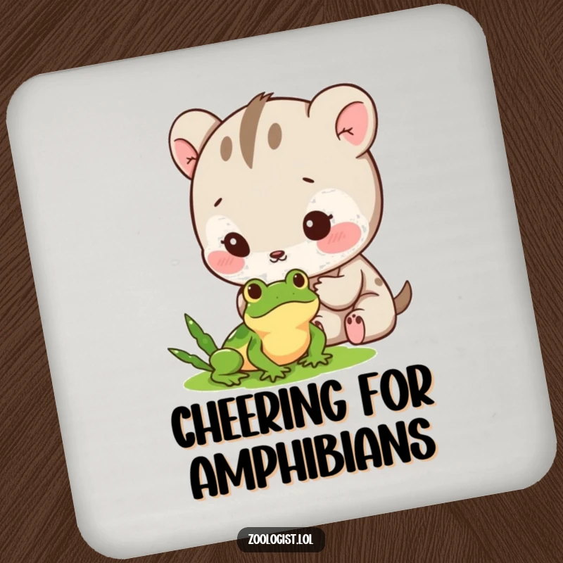 Funny Drink Coaster: Cute animal character carefully observing a tiny frog with gentle excitement, protecting the surface.