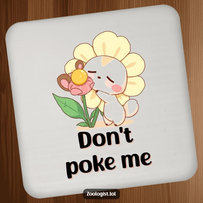 Funny drink coaster with a curious animal character gently poking a large sleepy flower, protecting surfaces with a touch of gentle humor.