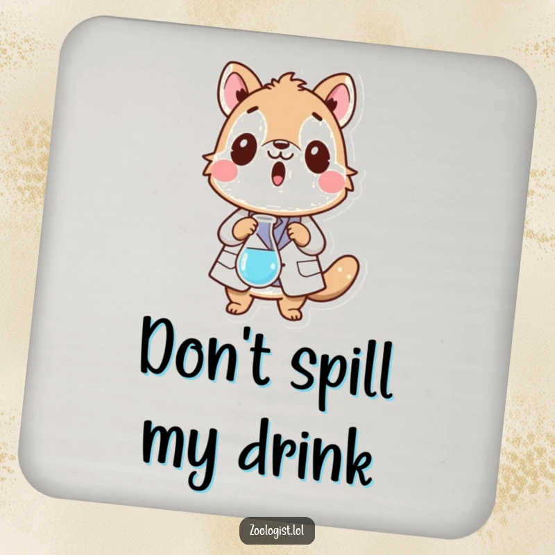 Funny drink coaster featuring a surprised animal character in a lab coat dropping a beaker, providing humorous surface protection.