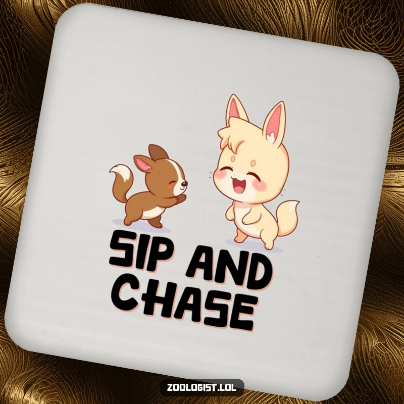 Funny drink coaster with a character giggling while watching two animals playfully chase each other, perfect for playful decor.