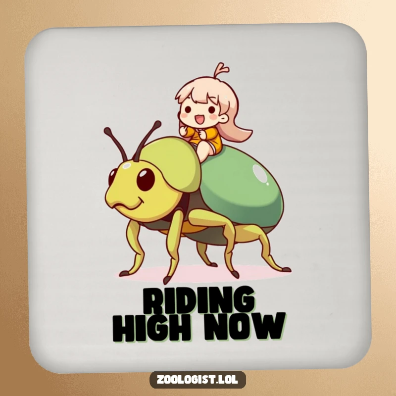 Funny Beetle Rider Coaster: Character joyfully rides a giant, friendly beetle, protecting surfaces with whimsical charm.