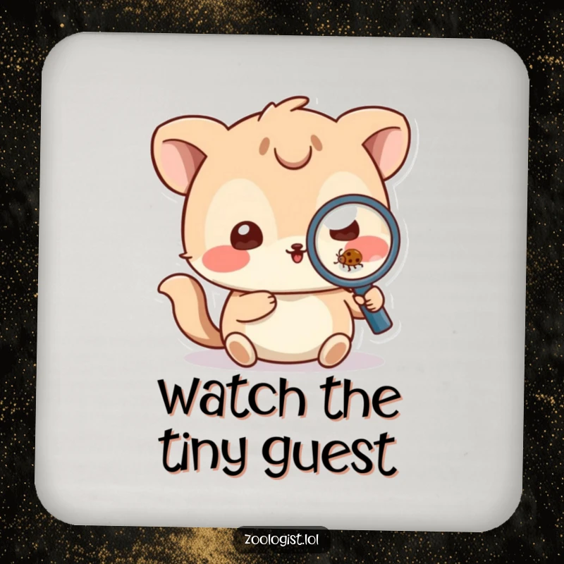 Funny Coaster: Playful animal character using a magnifying glass to inspect a small bug, adding humor to tabletops.