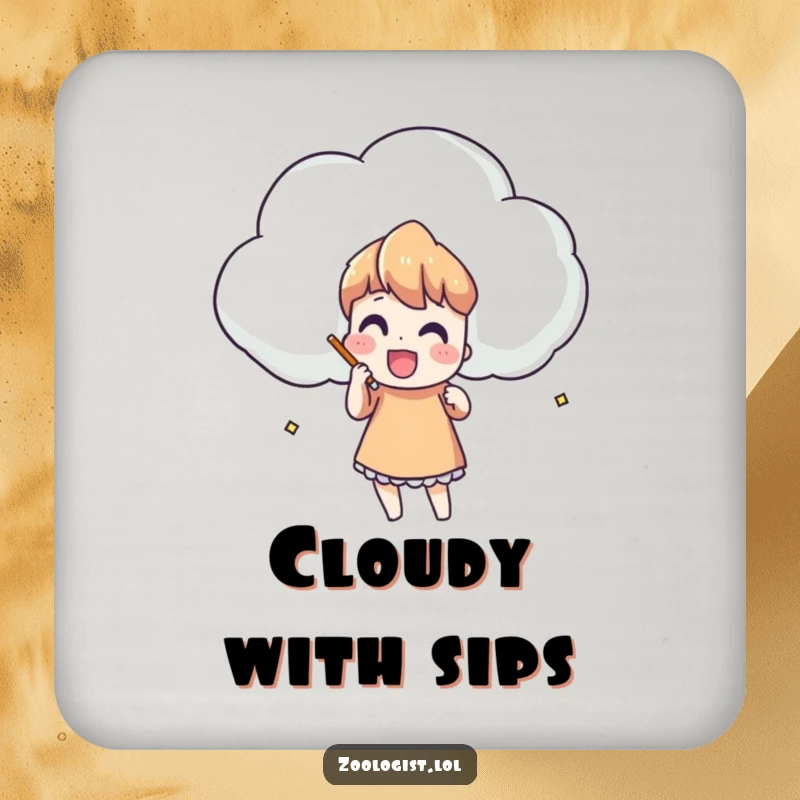 Funny drink coaster with a character enthusiastically sketching a large, oddly shaped cloud, perfect for artistic homes.