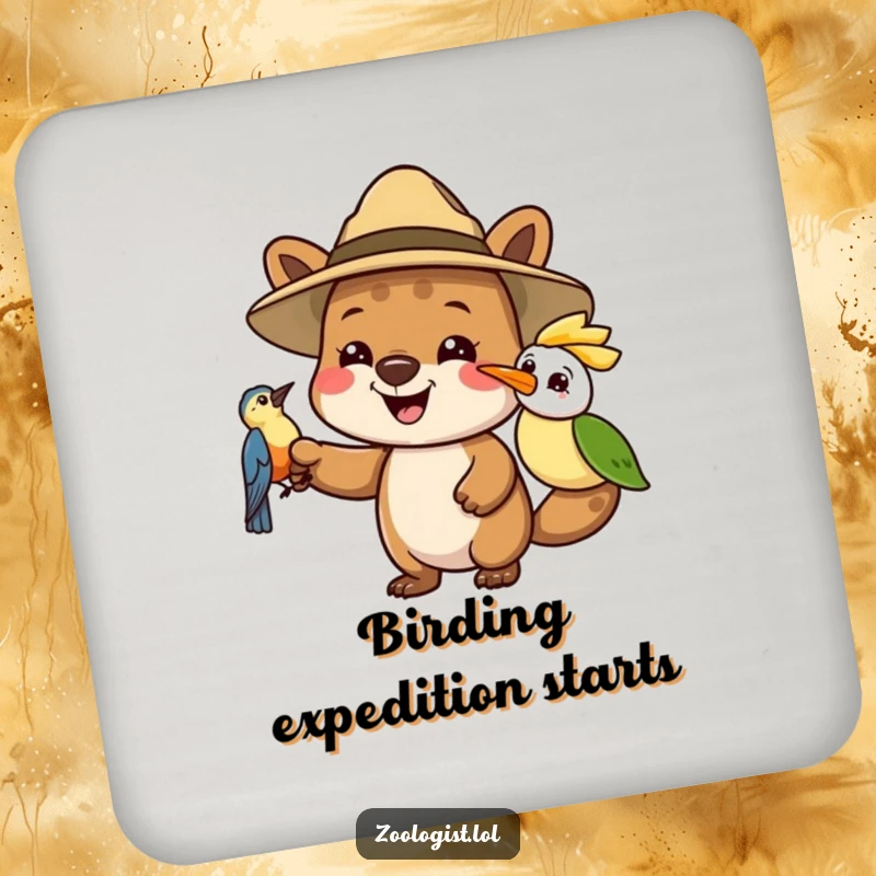 Funny drink coasters featuring a joyful animal explorer in a safari hat pointing at a bird, adding a humorous touch to table settings.