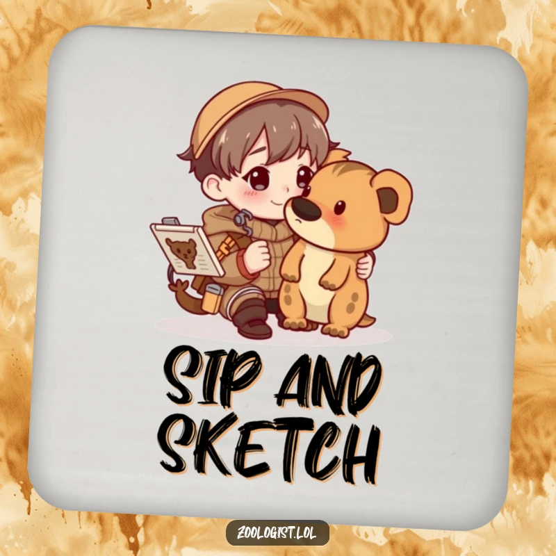 Funny character happily sketching an animal in a detailed field guide, displayed on a round drink coaster with an artistic theme.