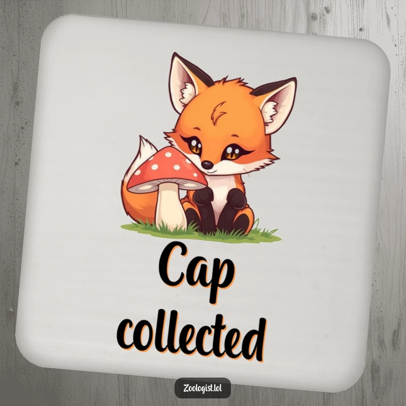 Funny fox drink coaster featuring a curious fox investigating a mushroom, ideal for protecting furniture with humor.