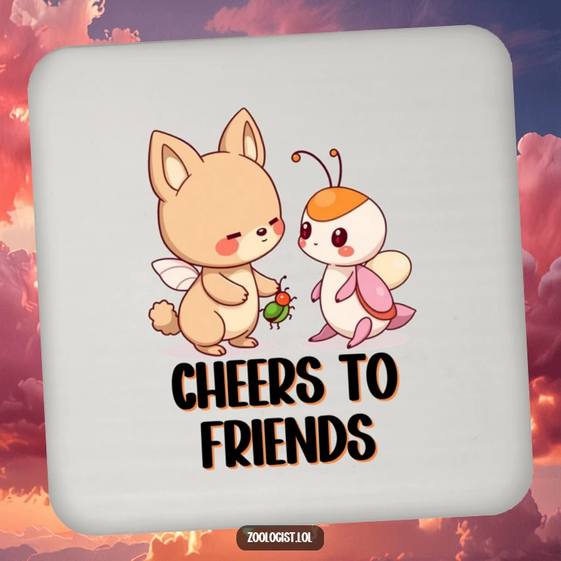 Funny drink coaster featuring a cute animal character offering a friendly bug to another creature, providing humorous surface protection.