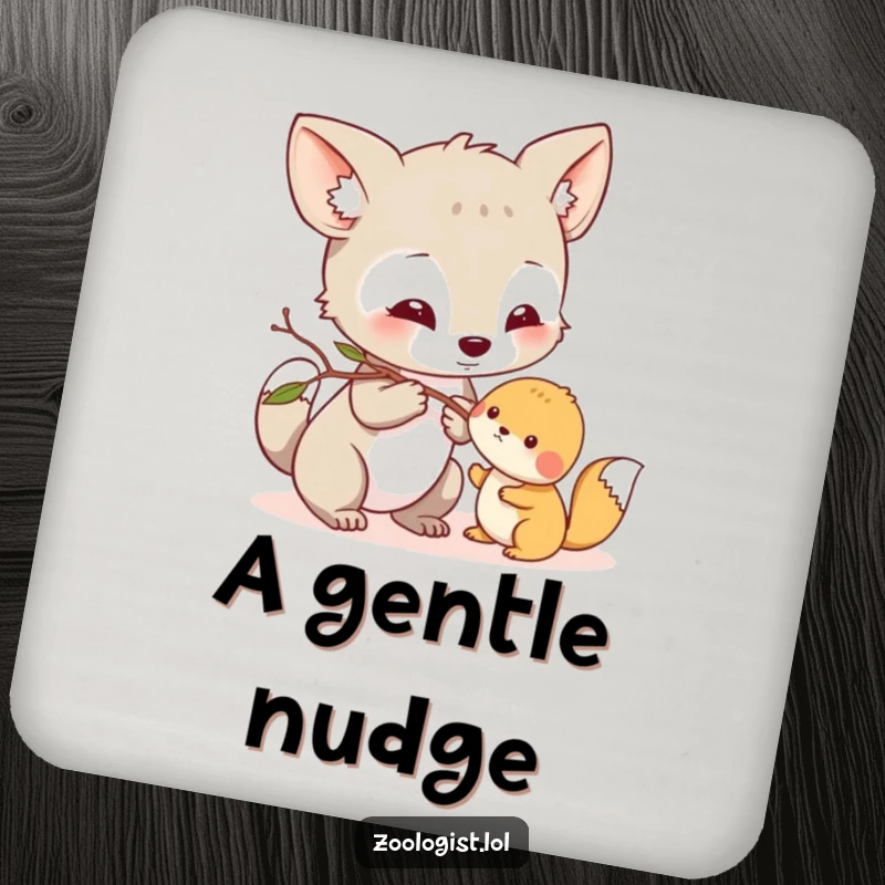 Funny Coaster: Curious animal character gently nudging a small creature with a twig, adding humor to tabletops.