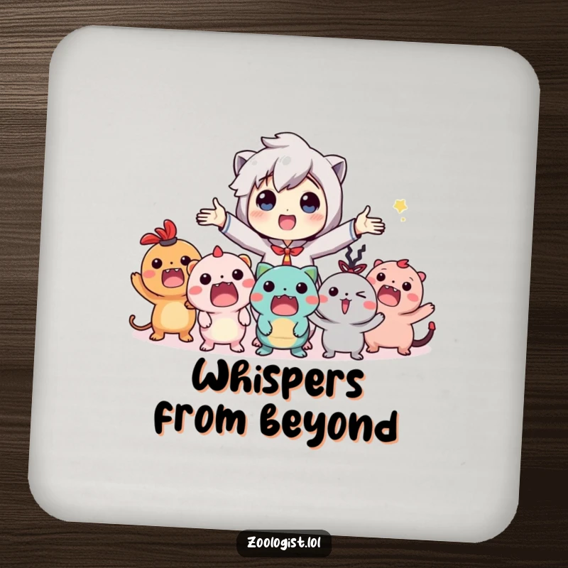 Funny drink coaster featuring a character gesturing to imaginary creatures, adding a humorous touch to any table setting.