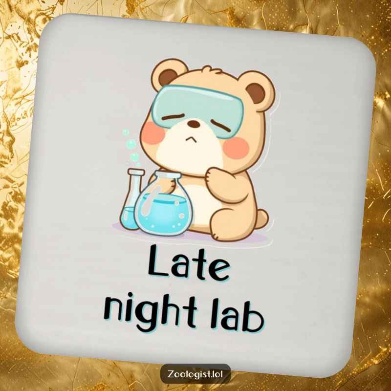 Funny Kawaii bear zoologist character yawning near a bubbling beaker, a humorous and protective drink coaster for scientists.