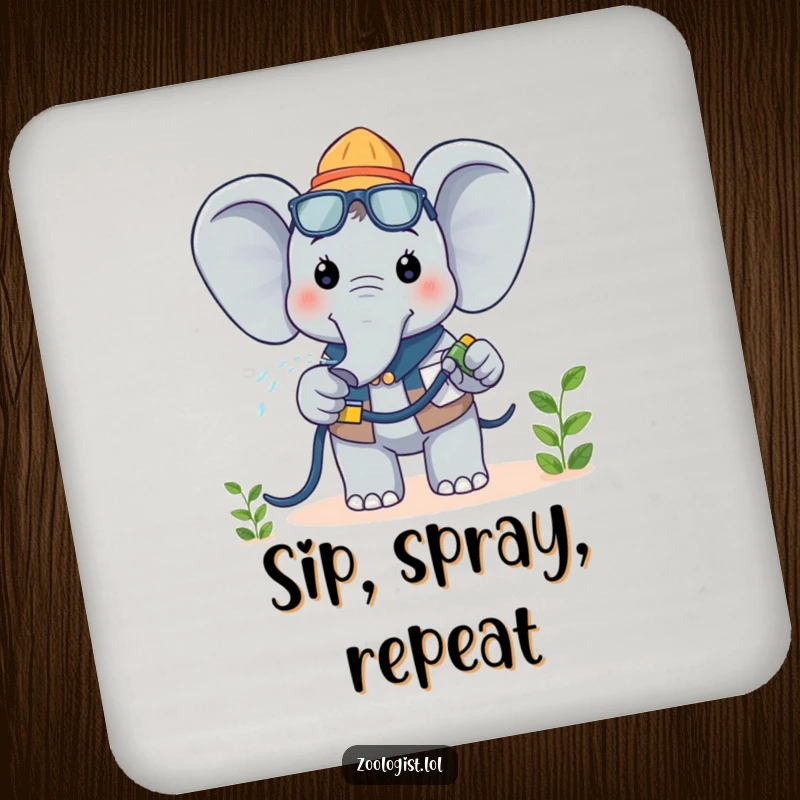 Funny Kawaii Elephant Zoologist Coaster: A cheerful elephant zoologist happily waters a plant, offering humorous surface protection.