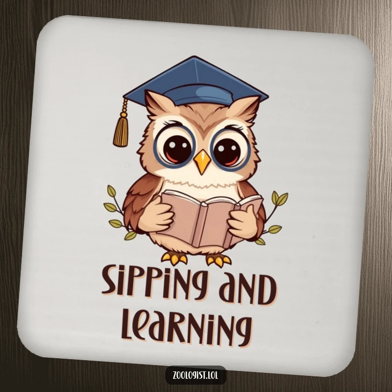 Funny Kawaii Owl Zoologist Coaster: A graduate owl reads a book, offering funny and smart surface protection.