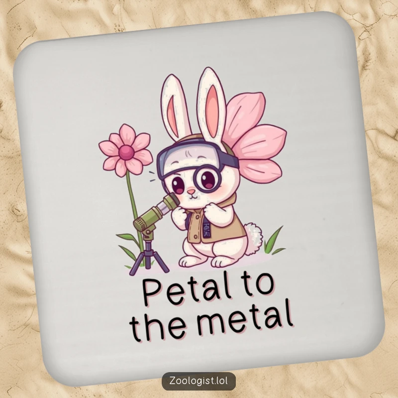 Funny Kawaii Rabbit Zoologist Coaster: A determined bunny zoologist examines a giant flower, offering humorous surface protection.