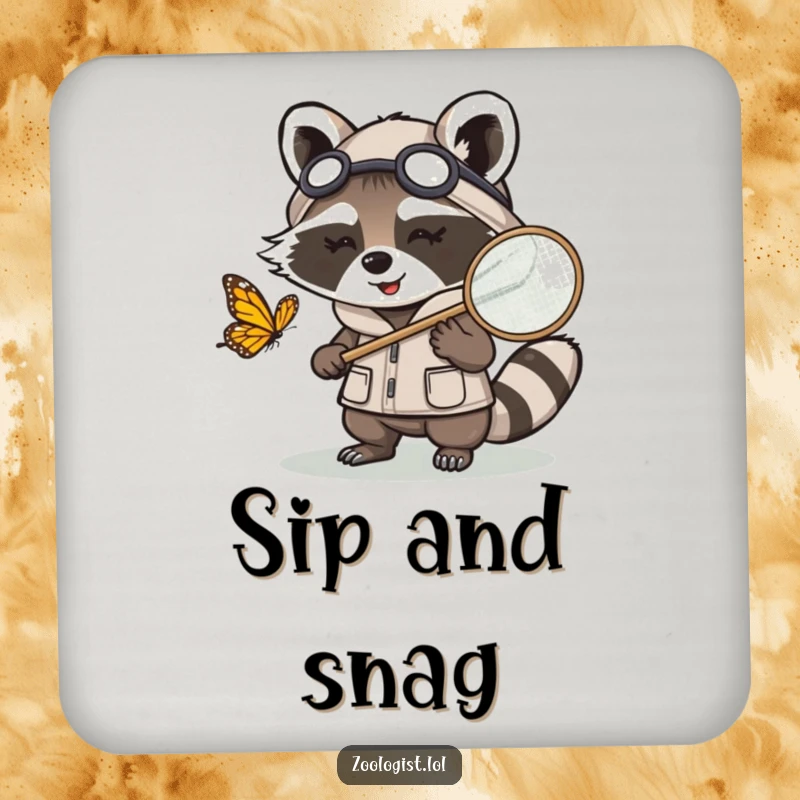 Funny Kawaii raccoon zoologist character chasing a butterfly with a net, a humorous and protective drink coaster for nature lovers.