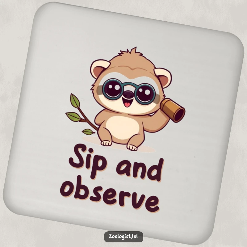 Funny happy Kawaii sloth zoologist character wearing binoculars, looking amazed on a drink coaster, unique and funny gift.