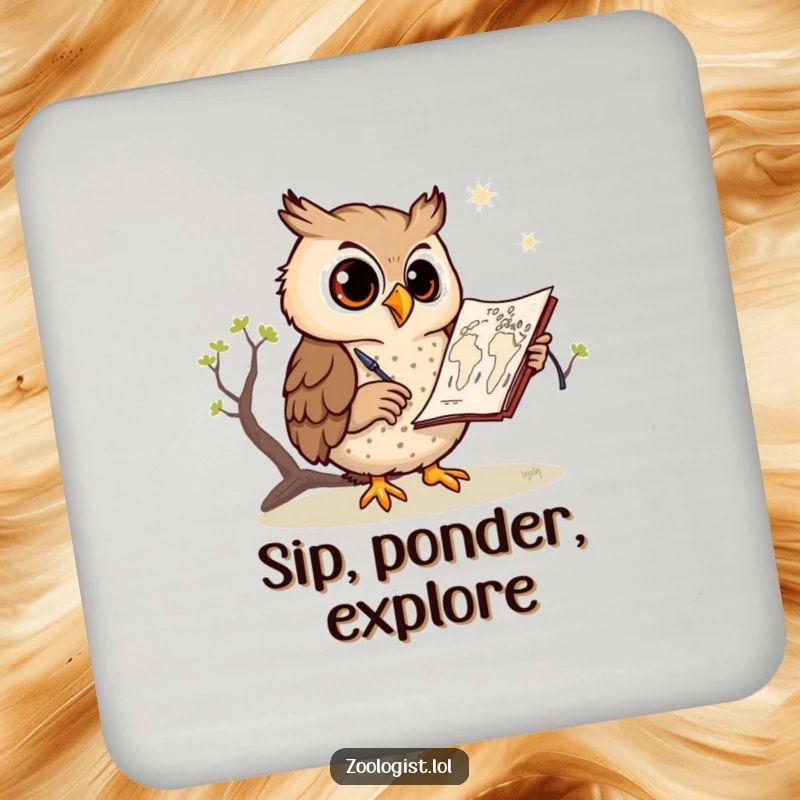 Funny owl drink coaster, an owl drawing a savanna map, protecting surfaces with artistic charm, perfect for any table setting.
