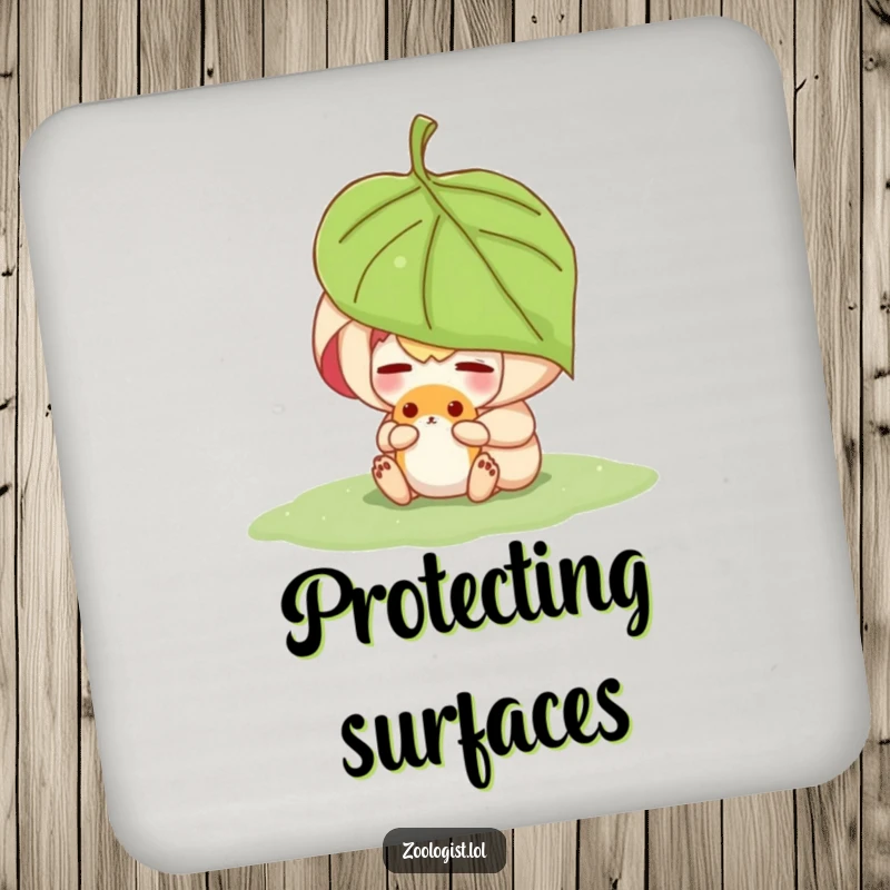 Funny character sheltering a small animal under a leaf, displayed on a round drink coaster with a theme of care.